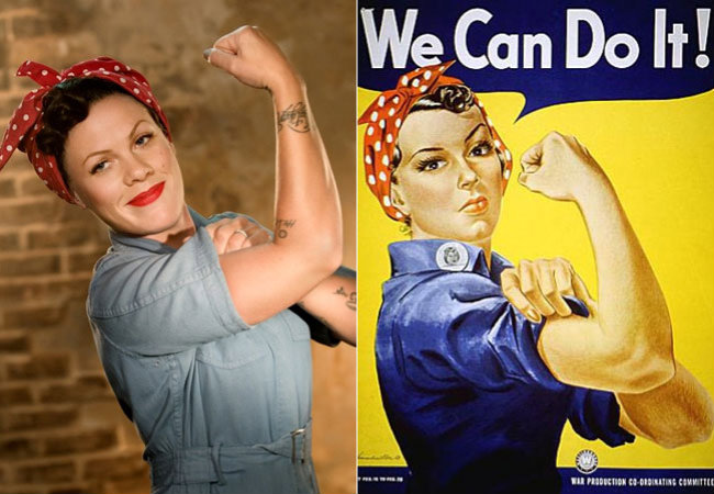 Rosie The Riveter, símbolo da  campanha "We Can Do it!" que ressalta a força feminina nos trabalhos nas fábricas durante a Segunda Guerra Mundial